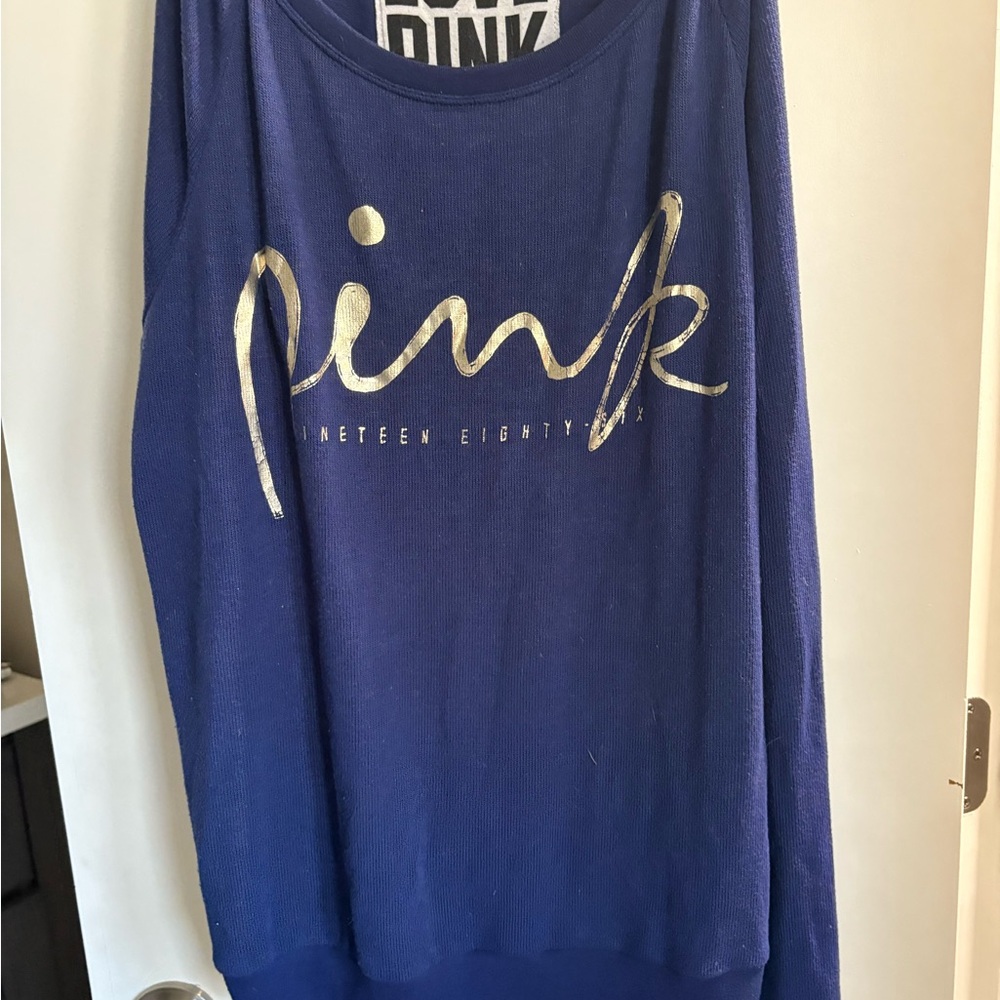 PINK Victoria's Secret Women's Navy Sweater with Gold Accents